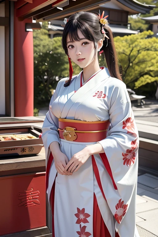 (((New Year's scenery of Japan))), (((SFW))), 8K, ((masutepiece)),(((top-quality))),((Ultra-detailed)),((((Realistic)))), Photorealsitic:1.37, (A hyper-realistic), (illustratio), (hight resolution), (ighly detailed), (The best illustrations), (Ultra-detailed細), (walls), (详细的脸), (Beautiful expression), ((詳細 top-qualityのスキン:1.2)), ((Reddish blush)), (Ultra-detailed細な背景, Detailed background), (Beautiful and aesthetic: 1.2), Extremely detailed, (((woman in shrine maiden costume:1.5))), ((Affectionate smile)), A bare-skinned woman wearing a shrine maiden costume is standing., (((thin shrine maiden kimono))), ((girl&#39;s Hair: Shrine maiden decoration on roll-up hair)), Kadomatsu City, Komainu, Red torii gate, large company, Customers praying, gorgeous new year decorations, 金箔装飾されたlarge company, At the shrine shining in the morning sun