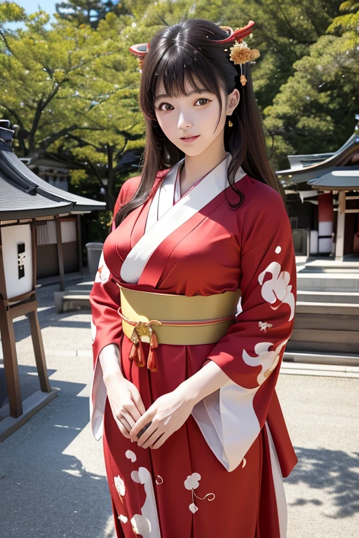 (((New Year's scenery of Japan))), (((SFW))), 8K, ((masutepiece)),(((top-quality))),((Ultra-detailed)),((((Realistic)))), Photorealsitic:1.37, (A hyper-realistic), (illustratio), (hight resolution), (ighly detailed), (The best illustrations), (Ultra-detailed細), (walls), (详细的脸), (Beautiful expression), ((詳細 top-qualityのスキン:1.2)), ((Reddish blush)), (Ultra-detailed細な背景, Detailed background), (Beautiful and aesthetic: 1.2), Extremely detailed, (((woman in shrine maiden costume:1.5))), ((Affectionate smile)), A bare-skinned woman wearing a shrine maiden costume is standing., (((thin shrine maiden kimono))), ((girl&#39;s Hair: Shrine maiden decoration on roll-up hair)), Kadomatsu City, Komainu, Red torii gate, large company, Customers praying, gorgeous new year decorations, 金箔装飾されたlarge company, At the shrine shining in the morning sun