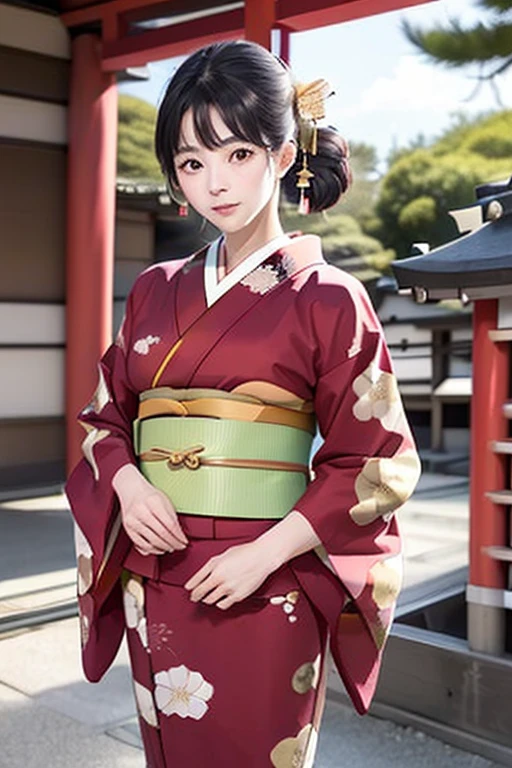 (((New Year's scenery of Japan))), (((SFW))), 8K, ((masutepiece)),(((top-quality))),((Ultra-detailed)),((((Realistic)))), Photorealsitic:1.37, (A hyper-realistic), (illustratio), (hight resolution), (ighly detailed), (The best illustrations), (Ultra-detailed細), (walls), (详细的脸), (Beautiful expression), ((詳細 top-qualityのスキン:1.2)), ((Reddish blush)), (Ultra-detailed細な背景, Detailed background), (Beautiful and aesthetic: 1.2), Extremely detailed, (((Japan woman in kimono:1.5))), ((Affectionate smile)), There is a woman standing with her bare skin wearing a kimono., (((Kimono with golden embroidery))), ((multicolored kimono)), ((Girl&#39;s hair roll-up hair with hairpin)), Kadomatsu, Komainu, Red torii gate, big company, customers who pray, gorgeous new year decorations, 金箔装飾されたbig company, At a shrine that shines in the morning sun