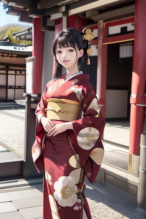 (((New Year's scenery of Japan))), (((SFW))), 8k, ((masutepiece)),(((top-quality))),((Ultra-detailed)),((((Realistic)))), Photorealsitic:1.37, (A hyper-realistic), (illustratio), (hight resolution), (ighly detailed), (The best illustrations), (Ultra-detailed細), (walls), (Detailed face), (Beautiful expression), ((More top-quality skins:1.2)), ((Reddish blush)), (Ultra-detailed background, Detailed background), (Beautiful and aesthetic: 1.2), Extremely detailed, (((Japan woman in kimono:1.5))), ((Affectionate smile)), There is a woman standing with her bare skin wearing a kimono., (((Kimono with golden embroidery))), ((multicolored kimono)), ((Girl&#39;s hair roll-up hair with hairpin)), Kadomatsu, Komainu, Red tori gates, big company, customers who pray, gorgeous new year decorations, big company decorated with gold leaf, At a shrine that shines in the morning sun