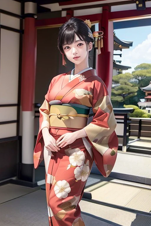 (((New Year's scenery of Japan))), (((SFW))), 8k, ((masutepiece)),(((top-quality))),((Ultra-detailed)),((((Realistic)))), Photorealsitic:1.37, (A hyper-realistic), (illustratio), (hight resolution), (ighly detailed), (The best illustrations), (Ultra-detailed細), (walls), (Detailed face), (Beautiful expression), ((More top-quality skins:1.2)), ((Reddish blush)), (Ultra-detailed background, Detailed background), (Beautiful and aesthetic: 1.2), Extremely detailed, (((Japan woman in kimono:1.5))), ((Affectionate smile)), There is a woman standing with her bare skin wearing a kimono., (((Kimono with golden embroidery))), ((multicolored kimono)), ((Girl&#39;s hair roll-up hair with hairpin)), Kadomatsu, Komainu, Red tori gates, big company, customers who pray, gorgeous new year decorations, big company decorated with gold leaf, At a shrine that shines in the morning sun