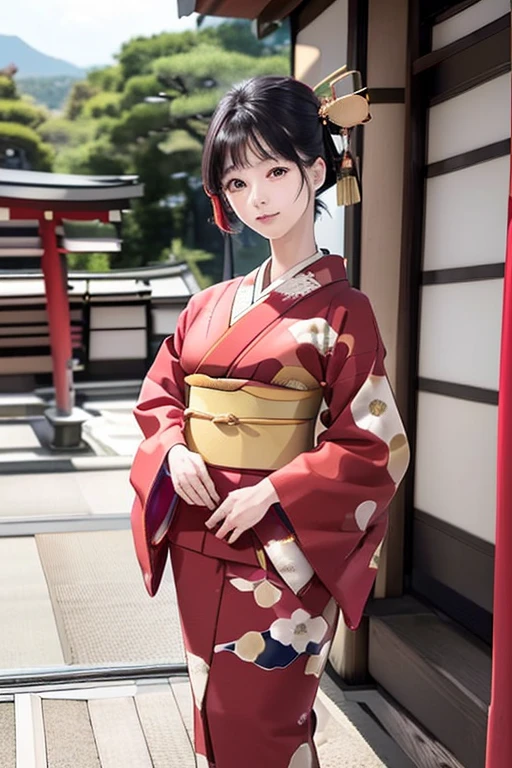 (((New Year's scenery of Japan))), (((SFW))), 8K, ((masutepiece)),(((top-quality))),((Ultra-detailed)),((((Realistic)))), Photorealsitic:1.37, (A hyper-realistic), (illustratio), (hight resolution), (ighly detailed), (The best illustrations), (Ultra-detailed細), (walls), (详细的脸), (Beautiful expression), ((詳細 top-qualityのスキン:1.2)), ((Reddish blush)), (Ultra-detailed細な背景, Detailed background), (Beautiful and aesthetic: 1.2), Extremely detailed, (((Japan woman in kimono:1.5))), ((Affectionate smile)), There is a woman standing with her bare skin wearing a kimono., (((Kimono with golden embroidery))), ((multicolored kimono)), ((Girl&#39;s hair roll-up hair with hairpin)), Kadomatsu, Komainu, Red torii gate, big company, customers who pray, gorgeous new year decorations, 金箔装飾されたbig company, At a shrine that shines in the morning sun