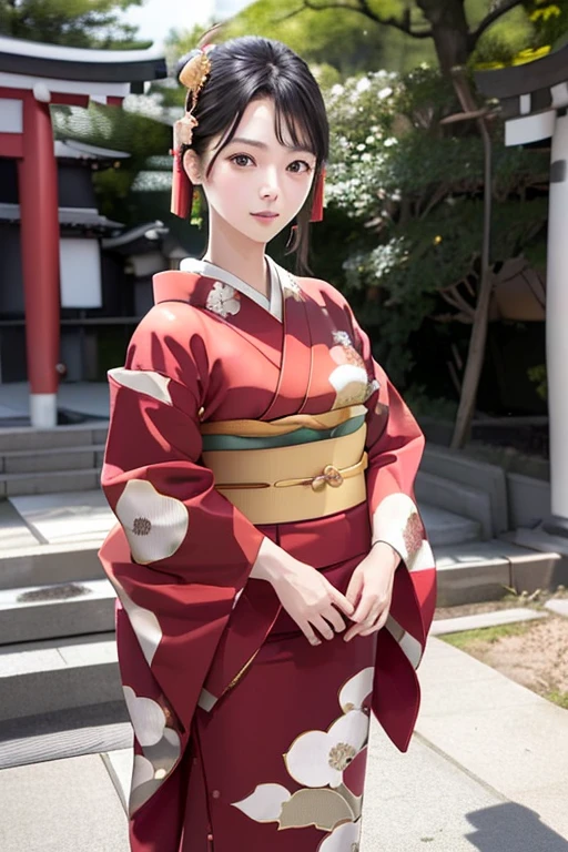 (((New Year's scenery of Japan))), (((SFW))), 8K, ((masutepiece)),(((top-quality))),((Ultra-detailed)),((((Realistic)))), Photorealsitic:1.37, (A hyper-realistic), (illustratio), (hight resolution), (ighly detailed), (The best illustrations), (Ultra-detailed細), (walls), (详细的脸), (Beautiful expression), ((詳細 top-qualityのスキン:1.2)), ((Reddish blush)), (Ultra-detailed細な背景, Detailed background), (Beautiful and aesthetic: 1.2), Extremely detailed, (((Woman in kimono:1.5))), ((Affectionate smile)), There is a woman standing with her bare skin wearing a kimono., (((Kimono with golden embroidery))), ((multicolored kimono)), ((Girl&#39;s hair roll-up hair with hairpin)), Kadomatsu, Komainu, Red torii gate, big company, customers who pray, gorgeous new year decorations, 金箔装飾されたbig company, At a shrine that shines in the morning sun