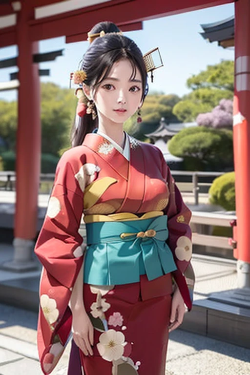 (((New Year's scenery of Japan))), (((SFW))), 8K, ((masutepiece)),(((top-quality))),((Ultra-detailed)),((((Realistic)))), Photorealsitic:1.37, (A hyper-realistic), (illustratio), (hight resolution), (ighly detailed), (The best illustrations), (Ultra-detailed細), (walls), (详细的脸), (Beautiful expression), ((詳細 top-qualityのスキン:1.2)), ((Reddish blush)), (Ultra-detailed細な背景, Detailed background), (Beautiful and aesthetic: 1.2), Extremely detailed, (((Woman in kimono:1.5))), ((Affectionate smile)), There is a woman standing with her bare skin wearing a kimono., (((Kimono with golden embroidery))), ((multicolored kimono)), ((Girl&#39;s hair roll-up hair with hairpin)), Kadomatsu, Komainu, Red torii gate, big company, customers who pray, gorgeous new year decorations, 金箔装飾されたbig company, At a shrine that shines in the morning sun