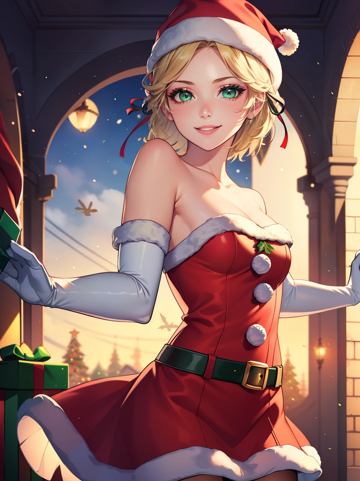 1girl, solo, masterpiece, best quality, high res, highly detailed, (illustration), beautiful detailed eyes, warIngrid, short hair, hair ribbons, green eyes ,glossy lips, makeup, smile, long white elbow gloves, cowboy shot, (santa), red santa dress, santa hat, strapless dress, white elbow gloves