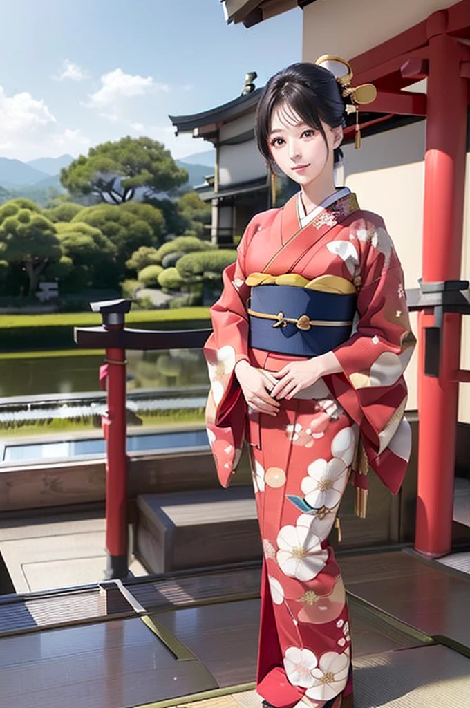 (((New Year's scenery of Japan))), (((SFW))), 8K, ((masutepiece)),(((top-quality))),((Ultra-detailed)),((((Realistic)))), Photorealsitic:1.37, (A hyper-realistic), (illustratio), (hight resolution), (ighly detailed), (The best illustrations), (Ultra-detailed細), (walls), (详细的脸), (Beautiful expression), ((詳細 top-qualityのスキン:1.2)), ((Reddish blush)), (Ultra-detailed細な背景, Detailed background), (Beautiful and aesthetic: 1.2), Extremely detailed, (((Woman in kimono:1.5))), ((Affectionate smile)), There is a woman standing with her bare skin wearing a kimono., (((Kimono with golden embroidery))), ((multicolored kimono)), ((Girl&#39;s hair roll-up hair with hairpin)), Kadomatsu, Komainu, Red torii gate, big company, customers who pray, gorgeous new year decorations, 金箔装飾されたbig company, At a shrine that shines in the morning sun