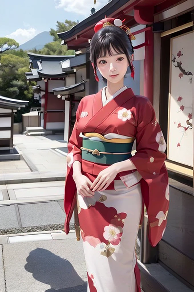 (((New Year's scenery of Japan))), (((SFW))), 8K, ((masutepiece)),(((top-quality))),((Ultra-detailed)),((((Realistic)))), Photorealsitic:1.37, (A hyper-realistic), (illustratio), (hight resolution), (ighly detailed), (The best illustrations), (Ultra-detailed細), (walls), (详细的脸), (Beautiful expression), ((詳細 top-qualityのスキン:1.2)), ((Reddish blush)), (Ultra-detailed細な背景, Detailed background), (Beautiful and aesthetic: 1.2), Extremely detailed, (((woman in shrine maiden costume:1.5))), ((Affectionate smile)), A bare-skinned woman wearing a shrine maiden costume is standing., (((thin shrine maiden kimono))), ((girl&#39;s Hair: Shrine maiden decoration on roll-up hair)), Kadomatsu City, Komainu, Red torii gate, large company, Customers praying, gorgeous new year decorations, 金箔装飾されたlarge company, At the shrine shining in the morning sun