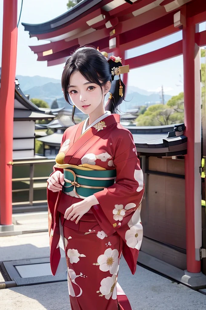 (((New Year's scenery of Japan))), (((SFW))), 8K, ((masutepiece)),(((top-quality))),((Ultra-detailed)),((((Realistic)))), Photorealsitic:1.37, (A hyper-realistic), (illustratio), (hight resolution), (ighly detailed), (The best illustrations), (Ultra-detailed細), (walls), (详细的脸), (Beautiful expression), ((詳細 top-qualityのスキン:1.2)), ((Reddish blush)), (Ultra-detailed細な背景, Detailed background), (Beautiful and aesthetic: 1.2), Extremely detailed, (((woman in shrine maiden costume:1.5))), ((Affectionate smile)), A bare-skinned woman wearing a shrine maiden costume is standing., (((thin shrine maiden kimono))), ((girl&#39;s Hair: Shrine maiden decoration on roll-up hair)), Kadomatsu City, Komainu, Red torii gate, large company, Customers praying, gorgeous new year decorations, 金箔装飾されたlarge company, At the shrine shining in the morning sun