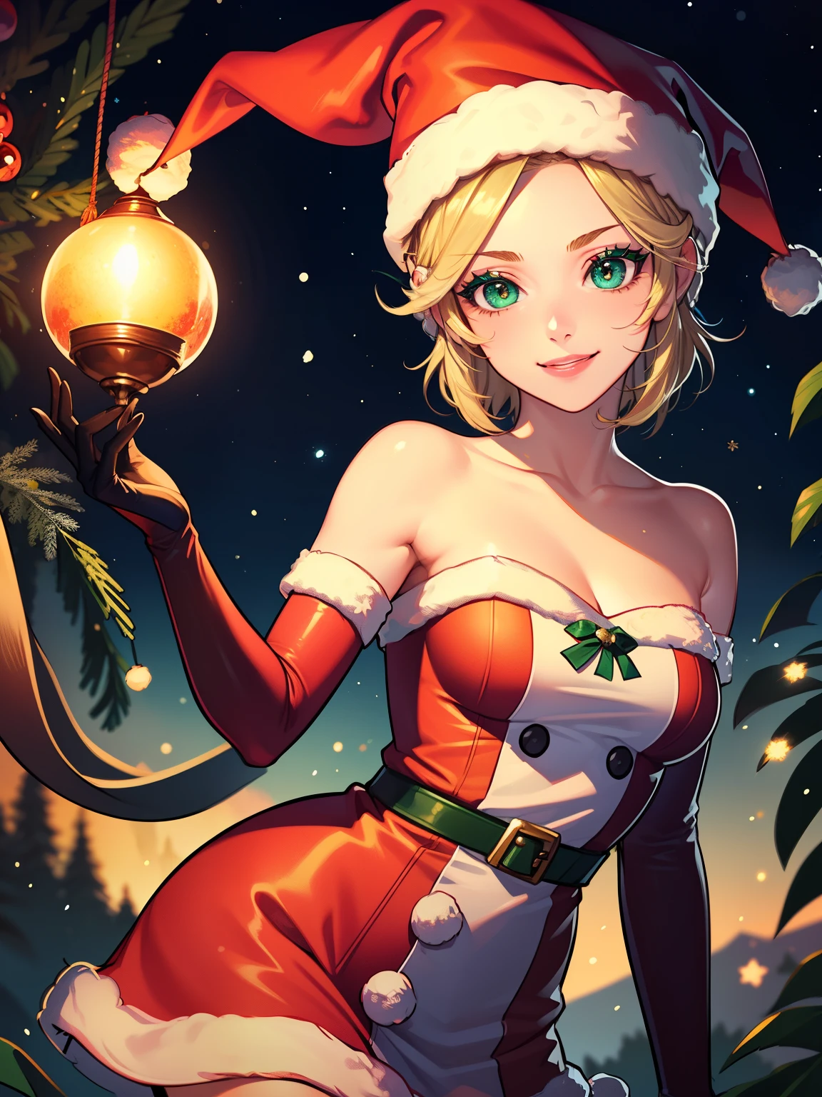 1girl, solo, masterpiece, best quality, high res, highly detailed, (illustration), beautiful detailed eyes, warIngrid, short hair, hair ribbons, green eyes ,glossy lips, makeup, smile, long white elbow gloves, cowboy shot, (santa), red santa dress, santa hat, strapless dress, white elbow gloves