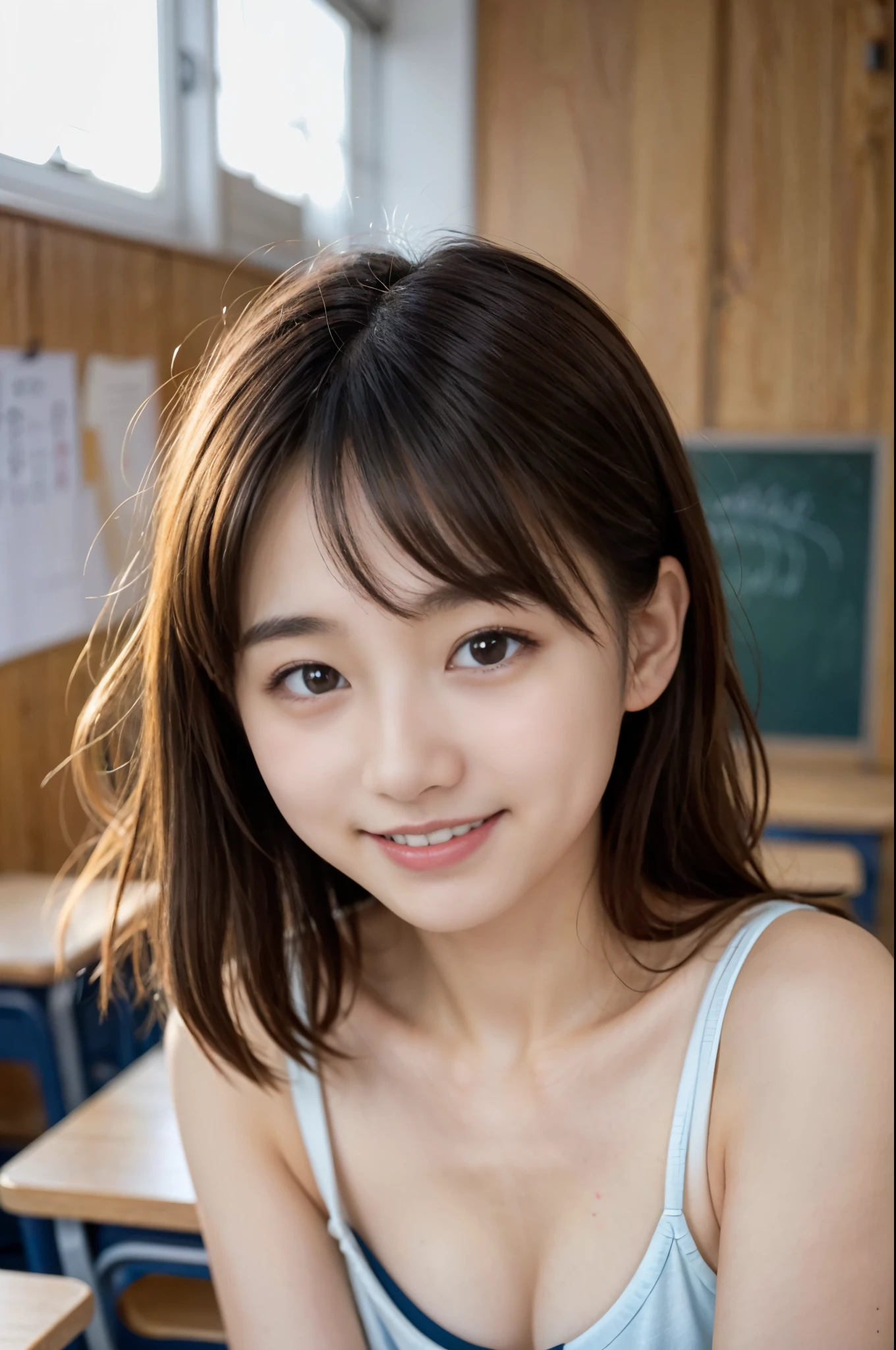 8k、Top image quality、​masterpiece、summer、Japanese high school girl meets her friends in the classroom。she speaks happily、Shorthair、Silk underwear、Detailed eyes、facial close-up、profile