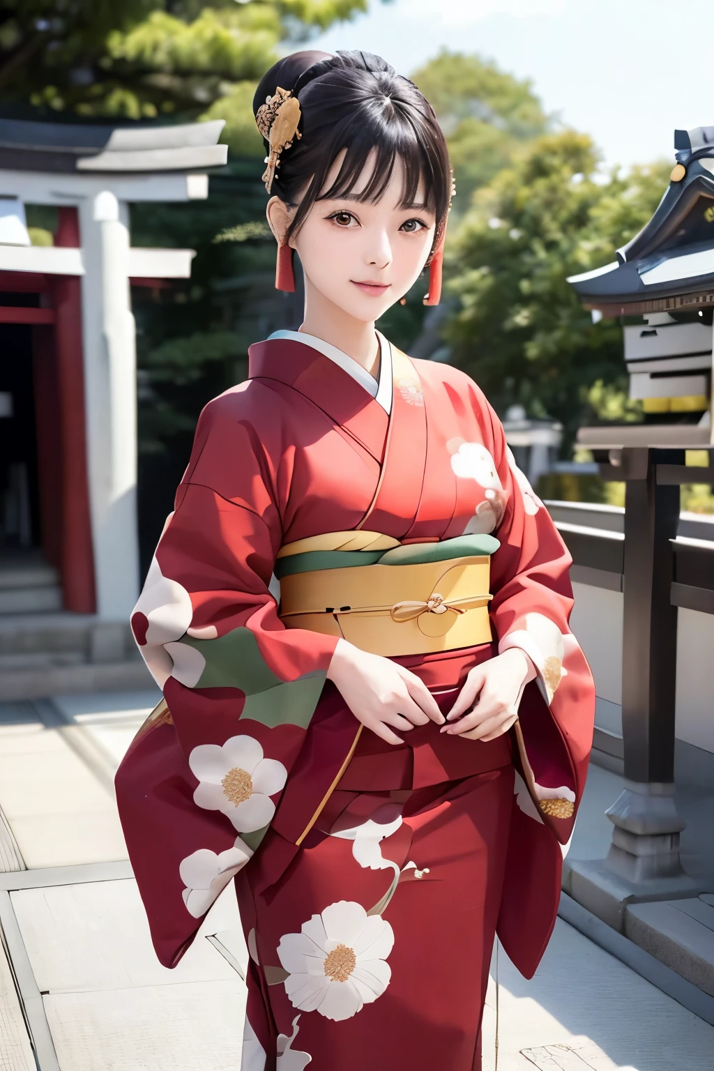(((New Year's scenery of Japan))), (((SFW))), 8K, ((masutepiece)),(((top-quality))),((Ultra-detailed)),((((Realistic)))), Photorealsitic:1.37, (A hyper-realistic), (illustratio), (hight resolution), (ighly detailed), (The best illustrations), (Ultra-detailed細), (walls), (Detailed face), (Beautiful expression), ((More top-quality skins:1.2)), ((Reddish blush)), (Ultra-detailed background, Detailed background), (Beautiful and aesthetic: 1.2), Extremely detailed, (((Woman in kimono:1.5))), ((Affectionate smile)), There is a woman standing with her bare skin wearing a kimono., (((Kimono with golden embroidery))), ((multicolored kimono)), ((Girl&#39;s hair roll-up hair with hairpin)), Kadomatsu, Komainu, Red tori gates, big company, customers who pray, gorgeous new year decorations, big company decorated with gold leaf, At a shrine that shines in the morning sun