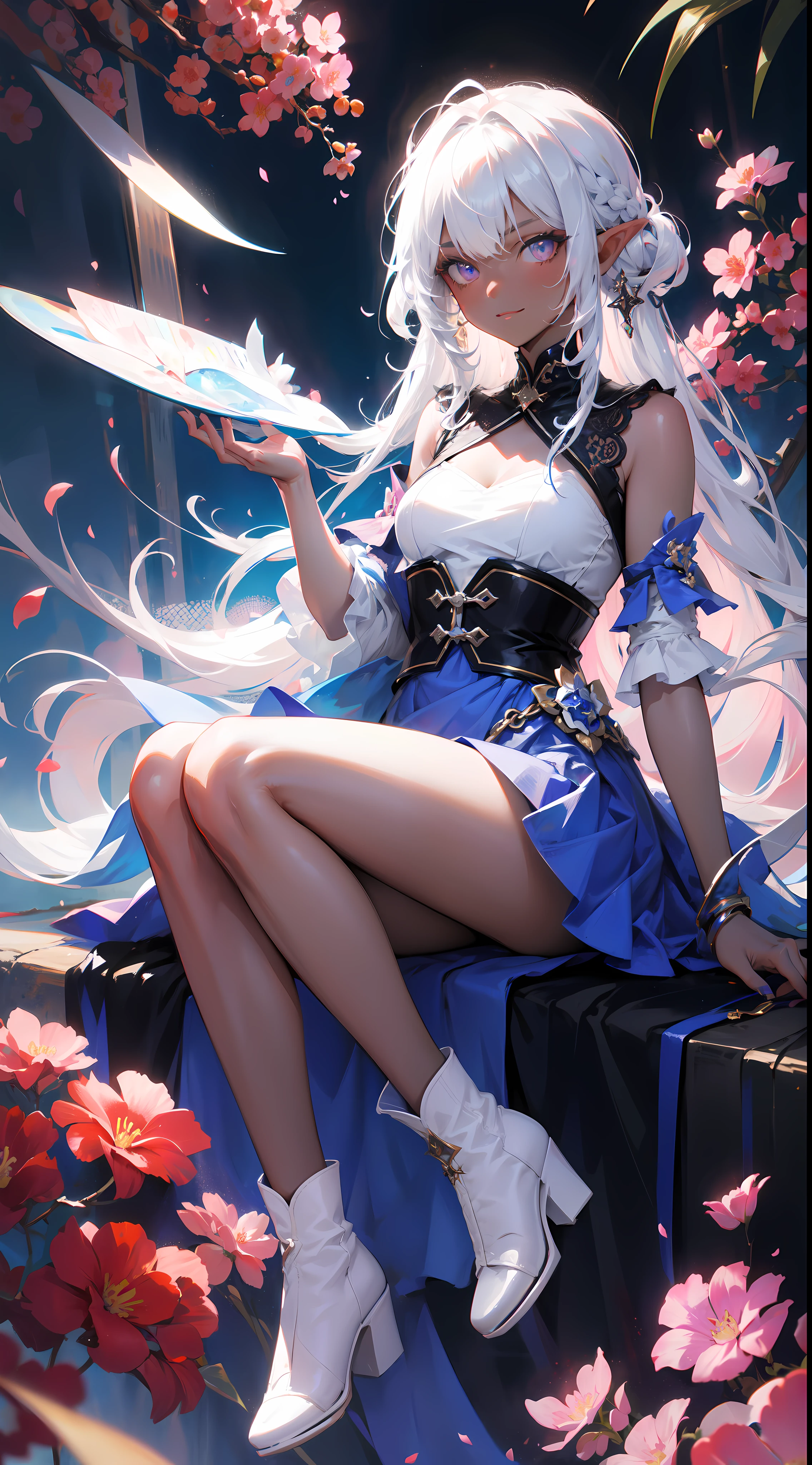 ((masterpiece, best quality)), official art, 8k wallpaper, ultra detailed,  mature dark elf girl, ((dark blue and white dress)), girl in a buble, sitting, flowers, expressionless, ((White boots)), glass texture, light transmission, spectral light, gradient translucent glass melt, caustic, transparent glass texture, high detail luminescence, (prismatic patterns on hair and clothes:1.3), ((glowing petals encircle and intertwine around her)), watercolor, watercolor style, splatter, vibrant color, art by Artgerm, by Kawacy, by Yoshitaka Amano, BREAK, highly detailed of (dark elf), (1girl), solo, perfect face, details eye, Blunt bangs, (hair between eye), white hair, violet eyes, BREAK, eyelashes, eyeshadow, pink eyeshadow, (dark skin:1.2), glaring, smile, medium breast, BREAK, extremely detailed, Dutch angle,