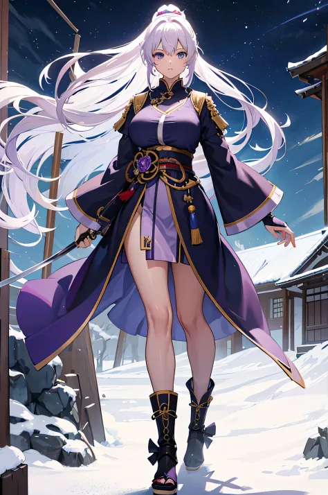 4K,hight resolution,One Woman,White purple hair,Long ponytail,Blue eyes,Colossal tits,Knights,白色のKnightsのドレス,Brown Long Boots,jewel decorations,Japanese Katana Sword,Medieval castle town