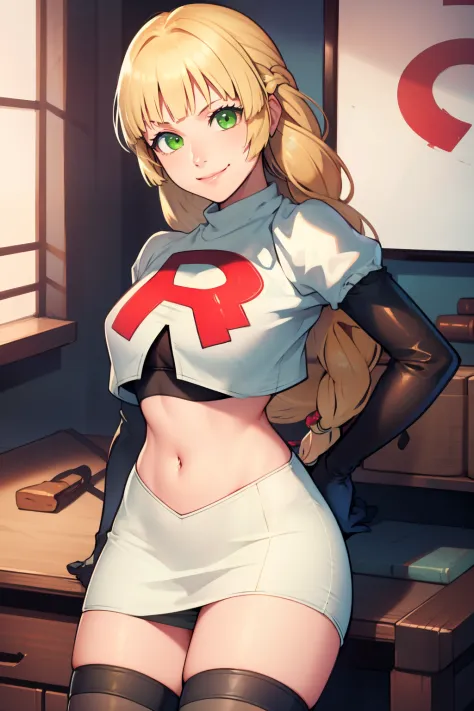 defIngrid, bangs, braided ponytail, green eyes, glossy lips ,team rocket,team rocket uniform, red letter R, white skirt,white crop top,black thigh-high boots, black elbow gloves , looking at viewer, evil smile