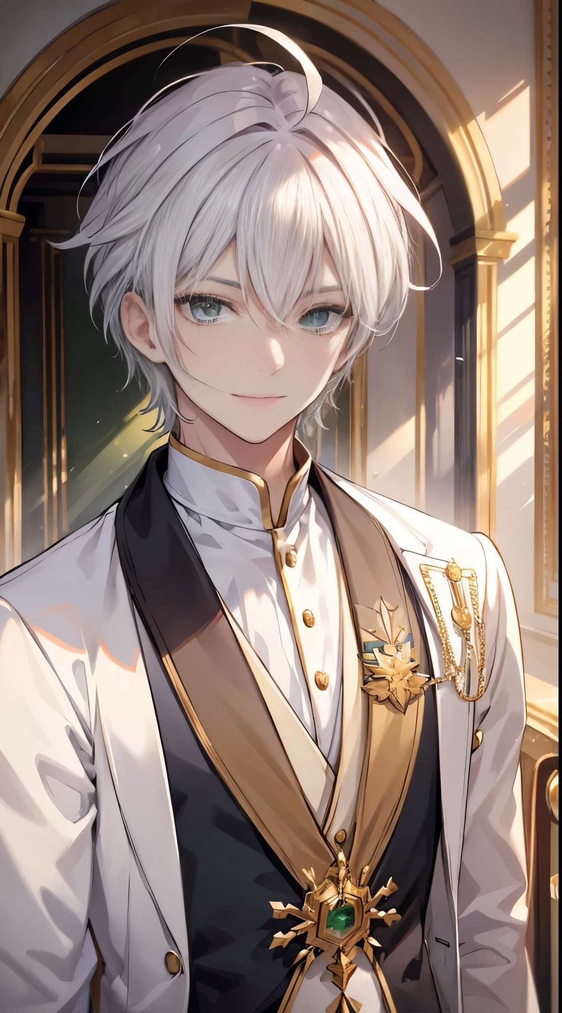 A handsome man, white hair, yellow and green eyes, wearing royal clothes, was smiling sweetly,Face the camera straight symmetrically