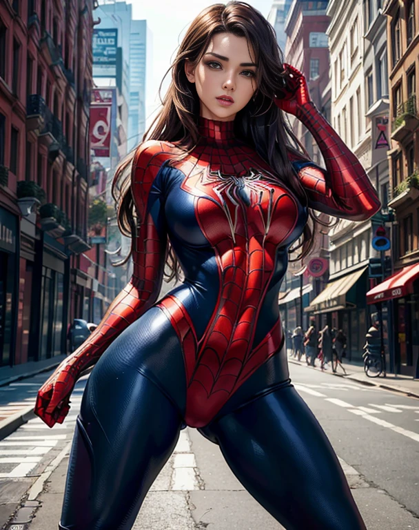 Versão feminina do Homem-Aranha estilo retrato ultra realista, decote, sexy, pose de modelo sexy, peitos grandes, pernas lindas, melhor qualidade, corpo lindo sexy, riqueza extrema de detalhes.