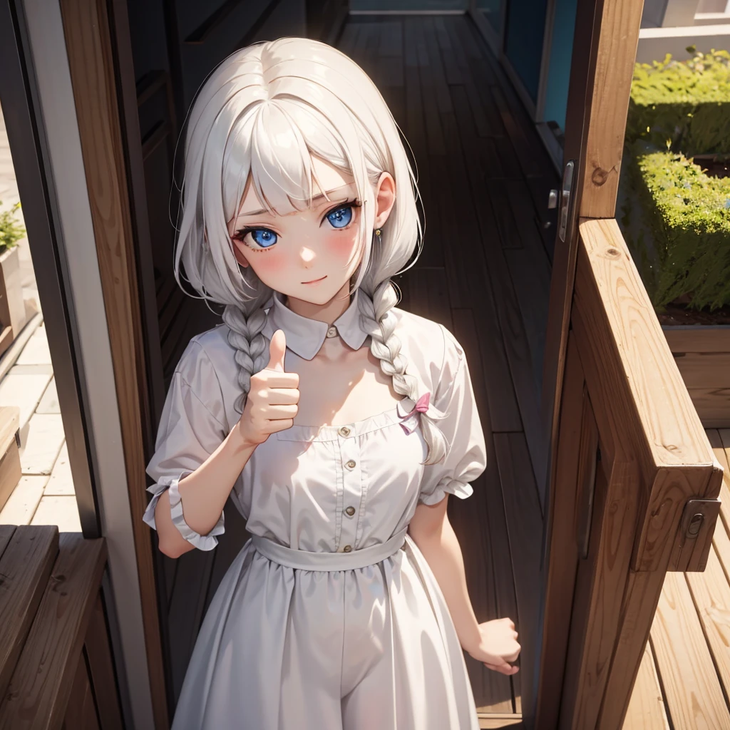 (((thumbs up:1.2))),mature,slender body:1.2, small chest:1.5, braid, ((short bangs:1.4)), (white hair), evening gown, (best quality:1.3), (highres:1.3), (clear:1.3), (8k:1.3), masterpiece, (detailed:1.1), 1girl, beautiful detailed eyes, beautiful detailed lips, extremely detailed eyes and face, long eyelashes, blue eyes, shy smile, perfect proportion, slender body,face close up,bed room,full body shot,full shot,long shot,from above,shoot from above,upward look,high angle, full-face blush, embarrassed, Strongly embarrassed face,embarrassed, shy, full face blush, blushful, blush,