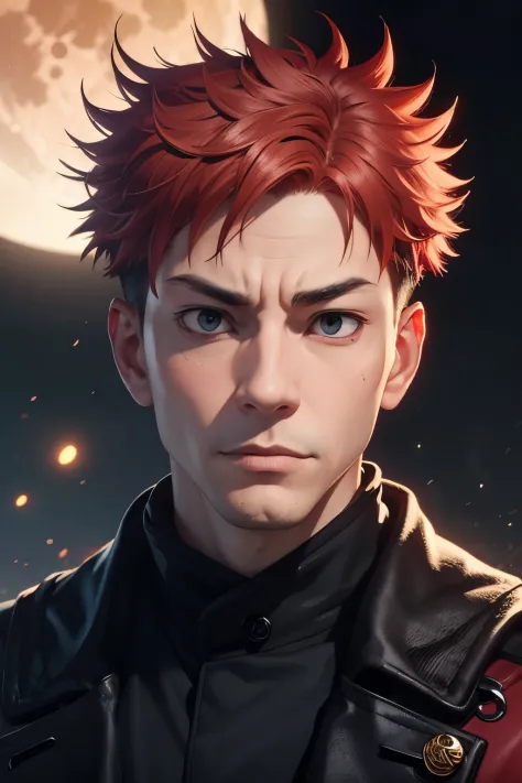 portrait of sukuna with red hairs, jujutsu kaisen, full red moon, uhd, ultra realistic, unreal engine 5 ,red neon light , demon ...