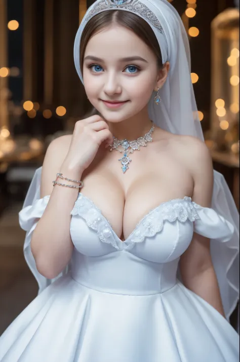 Beautiful, cute baby Face, 15 Years old russian lolita Girl, blue eyes, wearing hijab, Detailed Strapless white Gothic Dress, tiara, cleavage cutout, Rounded Breast,slightly Chubby , luxury earrings, luxury necklace, White Skin, Smiling, Dark City Backgrou...