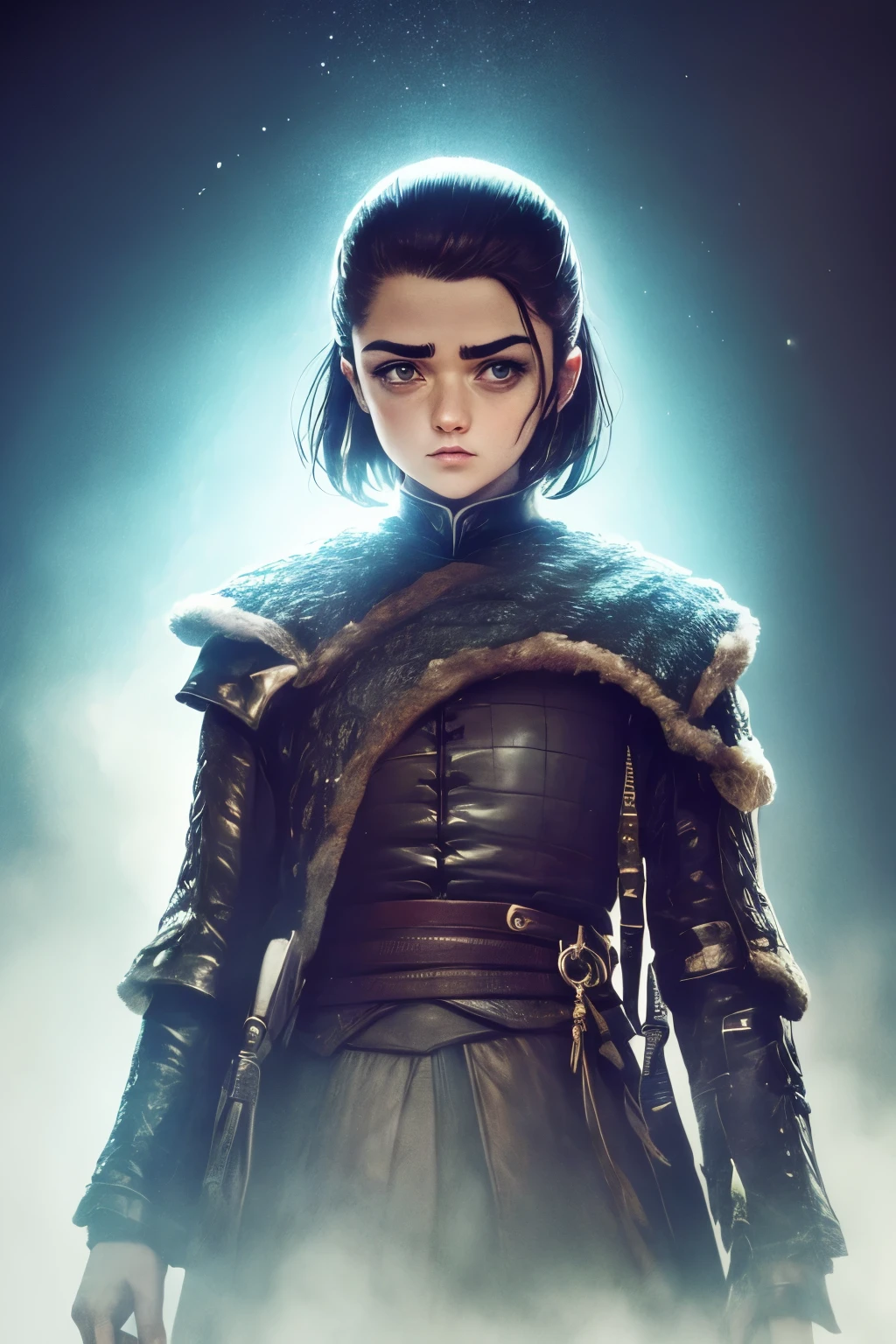 cartel cinematografico, Arte centrado, 1 chica, solo, ((solo)), (((solo un personaje))),  aria stark, Cara de Maisie Williams, rosto de aria stark, fantasía de arya stark, Roupas de aria stark, A Guerra dos Tronos,,  Game of Thrones, colores góticos, clima de tensión y terror, Ilustración de adobe, Tendencia en ArtStation, 8K, disco Rigido , parte maestra, hermoso arte, detalles intrincados.