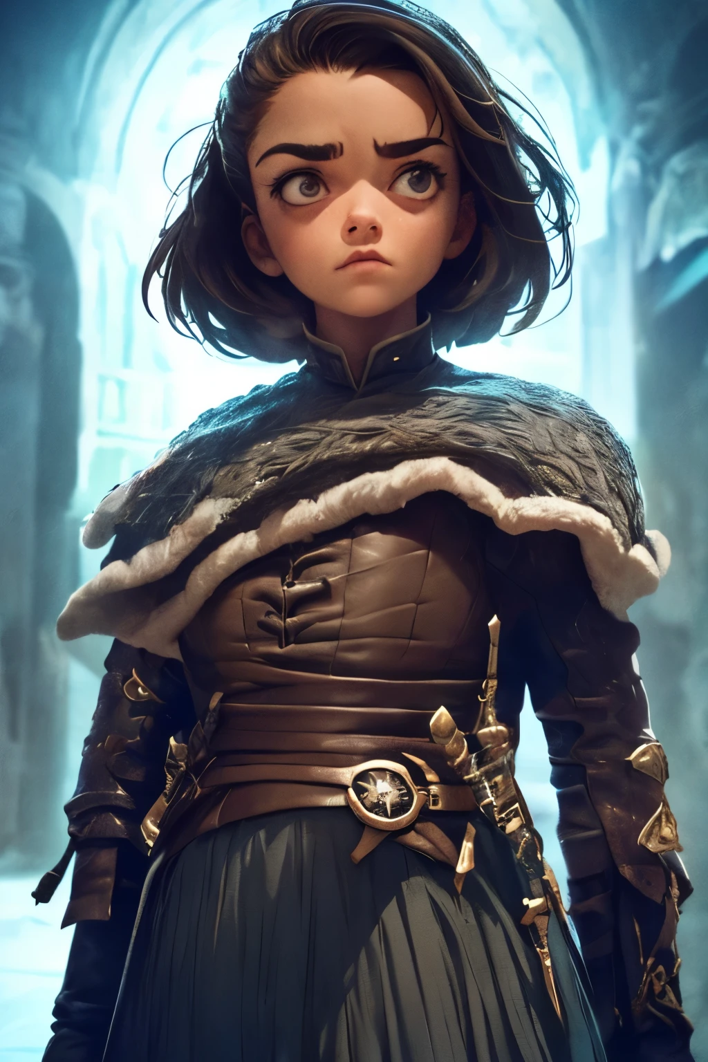 cinematic poster, Arte centrada, 1 girl, solo, ((sozinho)), (((only one character))),  Arya Stark, Rosto de Maisie Williams, rosto de Arya Stark, fantasia de arya stark, Roupas de Arya Stark, A Guerra dos Tronos,,  Game of Thrones, Gothic colors, climate of tension and terror, Adobe Illustration, trending on ArtStation, 8k, disco Rigido , master part, arte linda, detalhes intrincados.