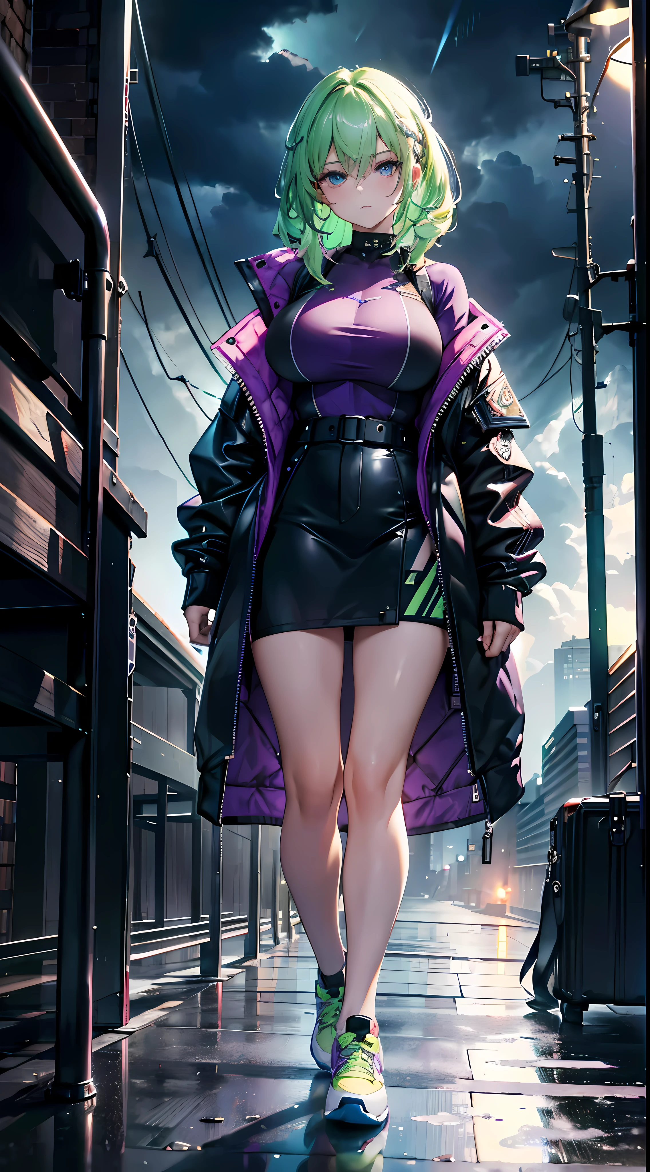 Anime girl in purple jacket and black skirt walking down a street - SeaArt  AI