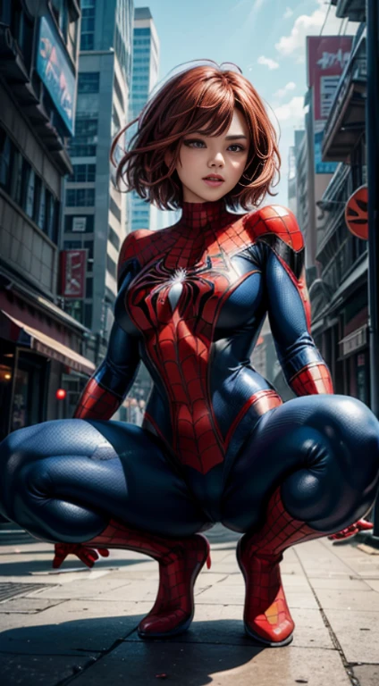 slightly-smile, a superhero dressed as Spider-Man, no mask on. a woman in a swimsuit-like Spider-Man costume, She is horny and squatting with legs open, Long red hair, Breasts huge, Athletic body, Vibrant and dynamic style, with solid colors and defined contours. highlighting the heroine. No distortions or imperfections. Centralized composition, focus on the character. 8K resolution, dimensions of 2040x2040 pixels. 
Keep female representation strong and respectful, emphasizing her role as a superhero. Ensure a balanced and coherent aesthetic with the Spider-Man universe.