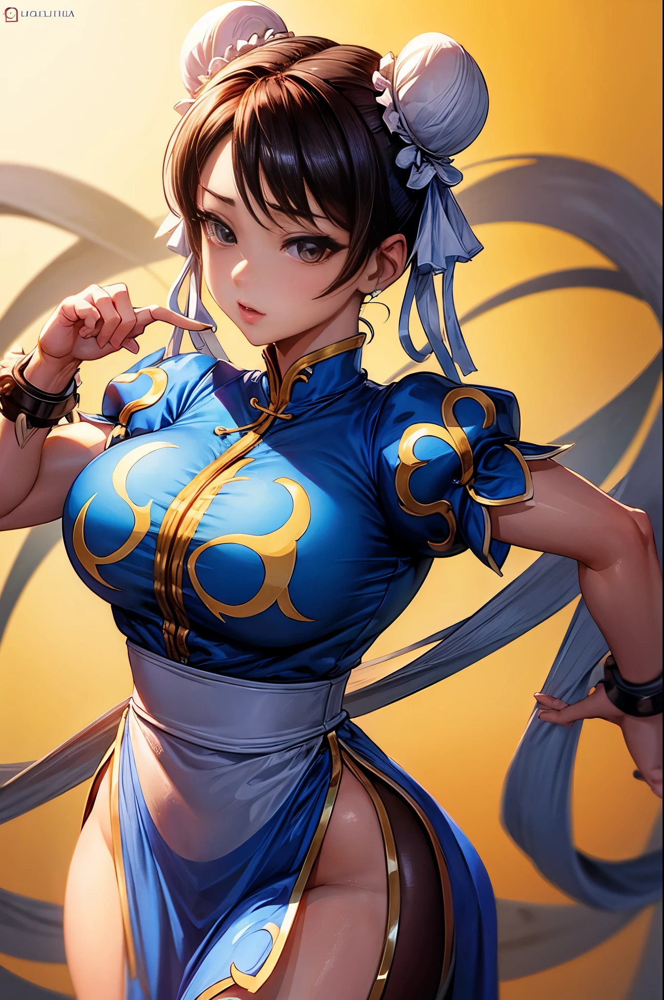 A girl, Chun Li, voluptuous, big thighs, hard nipples, thick eyebrows, big butt, big waist, big breasts, very happy, office worker in short clothes, sexy, masterpiece,