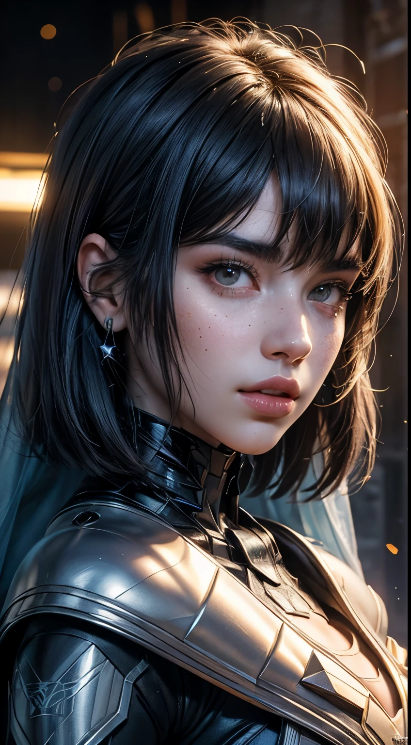 3d render, cgi, symetrical, octane render, 35mm, intricate details, hdr, intricate details, hyperdetailed, natural skin texture, hyperrealism, sharp, dua lipa 
1 girl,  woman, portrait, freckles, looking at viewer, solo, half shot, detailed background, close up, grey eyes, white short hair, detailed face,  futuristic shining digital cobalt armor,  hexagonal pattern, cape, high-tech,    robotics,  high-tech  (mask:0.9), head-up display,  epic  starry outer space in background,     sparks, electricity,  screens,  cinematic atmosphere,
nardack,