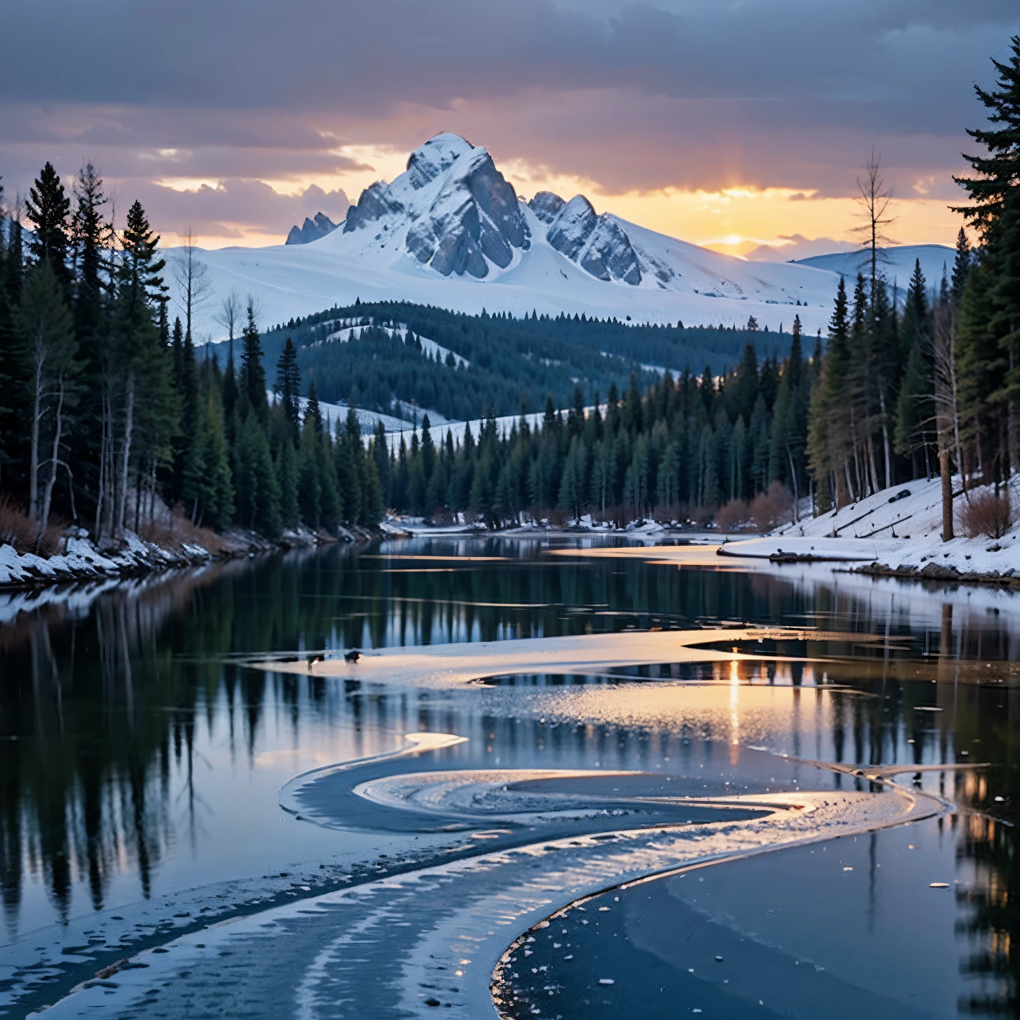 Una majestuosa cordillera cubierta de nieve y , reflejando los rayos dorados del sol poniente. El cielo es un degradado de naranja, rosa, y morado, y algunas nubes añaden contraste y profundidad. El primer plano es un valle con un lago congelado y algunos pinos. La escena es pacífica y serena, invita al espectador a admirar la belleza de la naturaleza.
photoRealista, 8K, HD, Realista, calidad de la fotografía