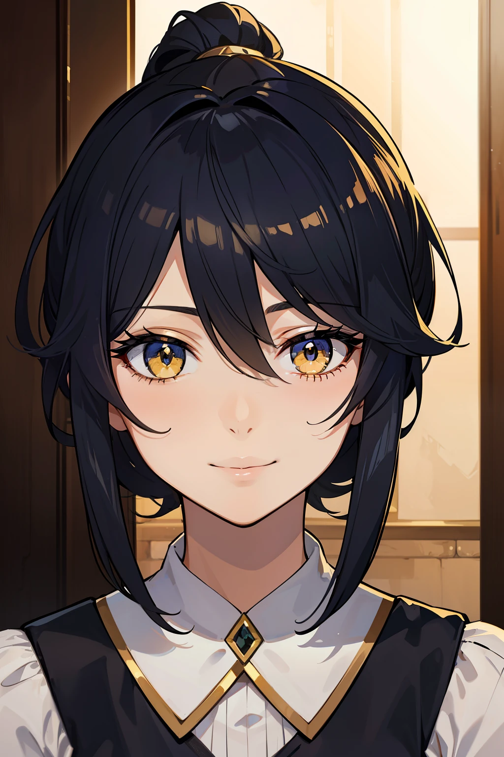 (high-quality, breathtaking),(expressive eyes, perfect face) portrait, 1girl, female, solo, adult woman, age late 20's, black hair, yellow golden eye color, short hair length, soft wavy hair, gentle smile, side bangs, looking at viewer, portrait, happy expression, fantasy clothing, blacksmith, blacksmith clothing, blacksmith profession, elegant, mature, height 5"6, tied back hair, blue lighting in hair, stylized hair, ponytail