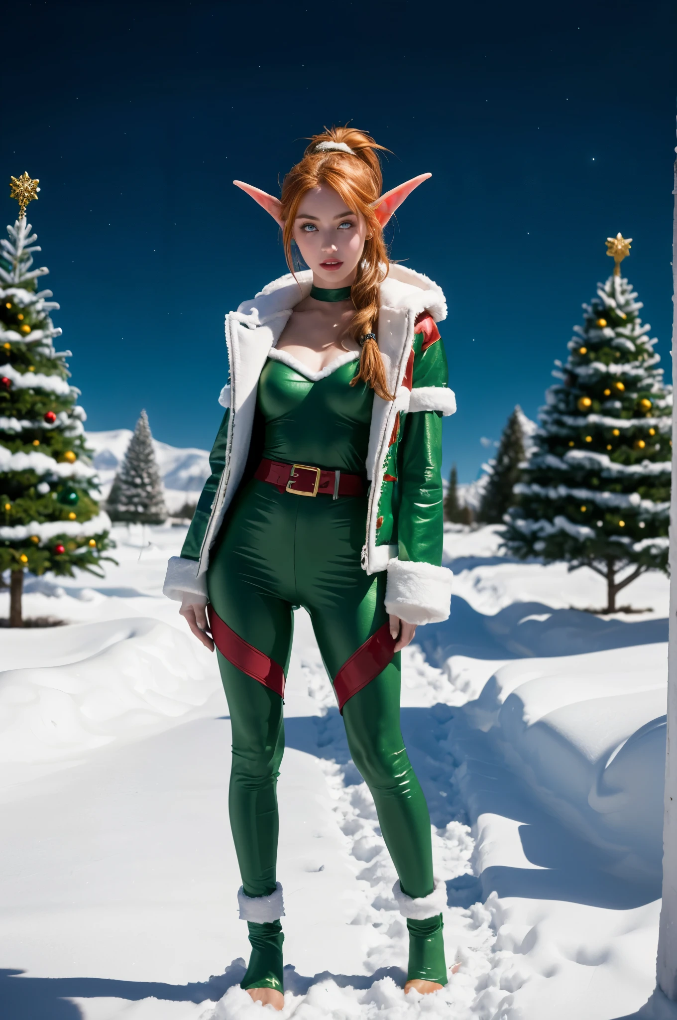 masterpiece, raw photo of a stunningly beautiful World of Warcraft NIGHTELF with green skin, young woman Holly Evergreen as a Christmas elf, 1girl, solo, (ginger ponytail, yellow eyes:1.2), COLORED SKIN, (green skin:1.2), fantasy, (wearing a sexy tight red/white colored Christmas suit with fur:1.3), elegant, long eyelashes, elf ear, light smile, surrealism, anaglyph, stereogram, full body portrait, perfect female body, atmospheric perspective, cinematic lighting, glowing light, north pole, 8k UHD, super detail, best quality