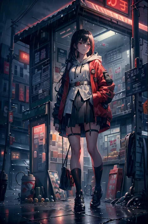 8K，tmasterpiece，Best quality，hyper-detailing，realistically，realistically，Extremely detailed face，电影灯光，电影灯光，ray traycing，unlit hair， On cloudy streets，Corner store，Bus stop，Torrential rain and heavy rain，Girl with long black hair and black eyes，She is weari...