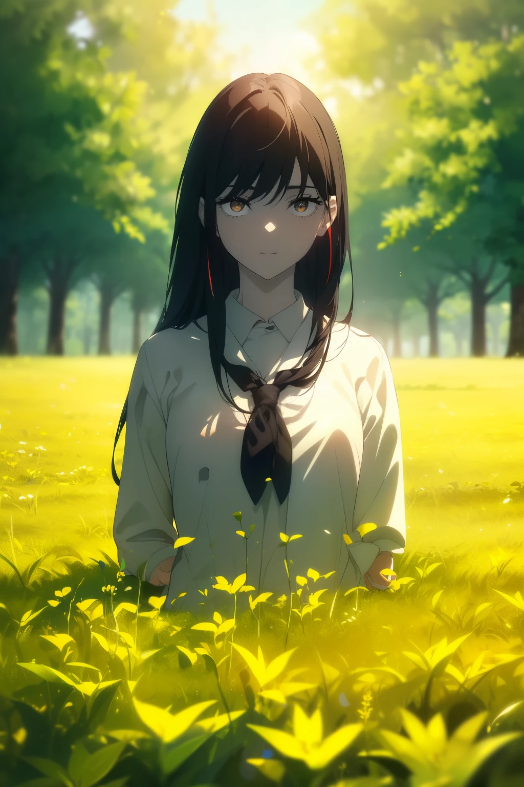 ((((Obra maestra, La mejor calidad, ultrahigh resolution)))), beautiful girl, standing in an open field, ((wearing school uniform)), (long black hair hair in view, in frame), pale skin, (brown eyes), ((ultra detailed eyes:0.7, beautiful and detailed face, detailed eyes:0.9)), ((centered)), smile, ((wide shot)), facing viewer, (((vibrant background of outdoors, field of swaying grass, bright lighting, summer, sunlight))), flat chested, looking at viewer, ((perfect hands)), ((head:1, hips, elbows, arms, in view)), ((hands behind back)), beautiful lighting, defined subject, (18 years old), ((cool looking)), ((sunny glare))