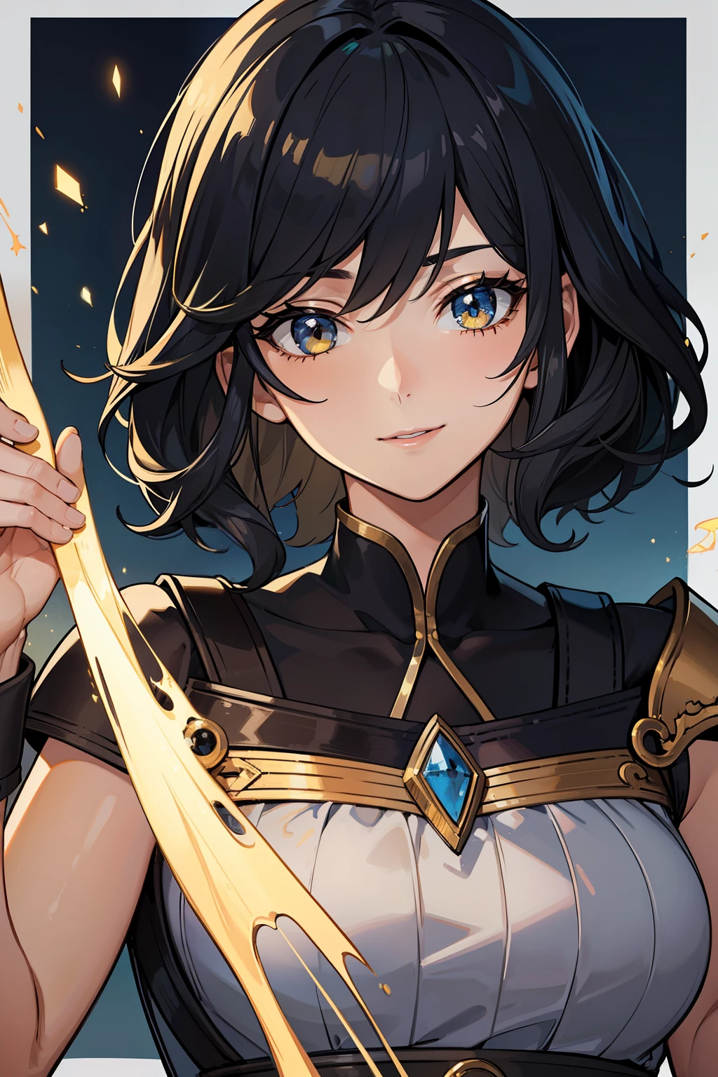 (high-quality, breathtaking),(expressive eyes, perfect face) portrait, 1girl, female, solo, adult woman, age late 20's, black hair, yellow golden eye color, short hair length, soft wavy hair, gentle smile, side bangs, looking at viewer, portrait, happy expression, fantasy clothing, blacksmith, blacksmith clothing, blacksmith profession, elegant, mature, height 5"6, blue lighting in hair