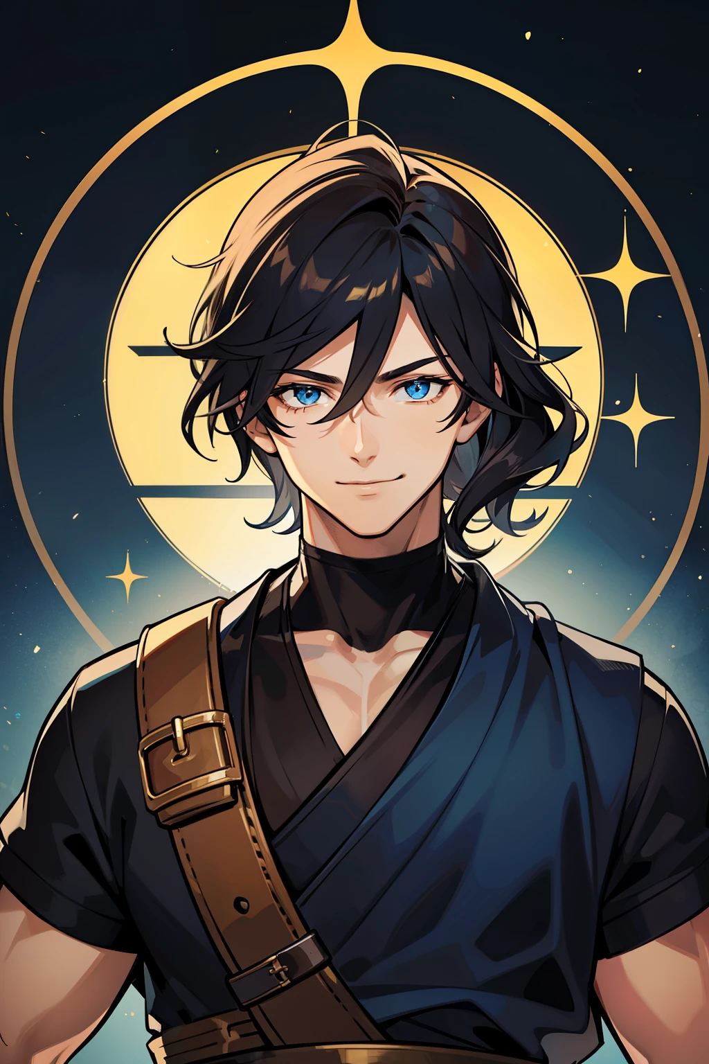 (high-quality, breathtaking),(expressive eyes, perfect face) portrait, 1male, male, solo, adult man, age late 20's, black hair, yellow golden eye color, short hair length, soft wavy hair, gentle smile, side bangs, looking at viewer, portrait, happy expression, fantasy clothing, blacksmith, blacksmith clothing, blacksmith profession, elegant, mature, height 5"6, blue lighting in hair