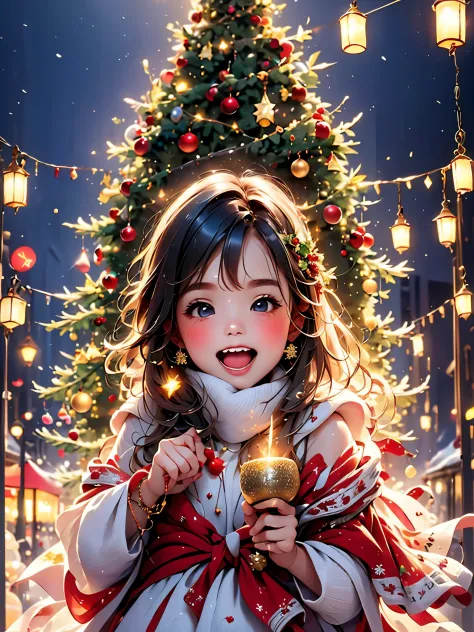 (best quality,4k,highres,masterpiece:1.2),ultra-detailed,cheerful 5-year-old girl,brightly lit,beautifully decorated Christmas t...