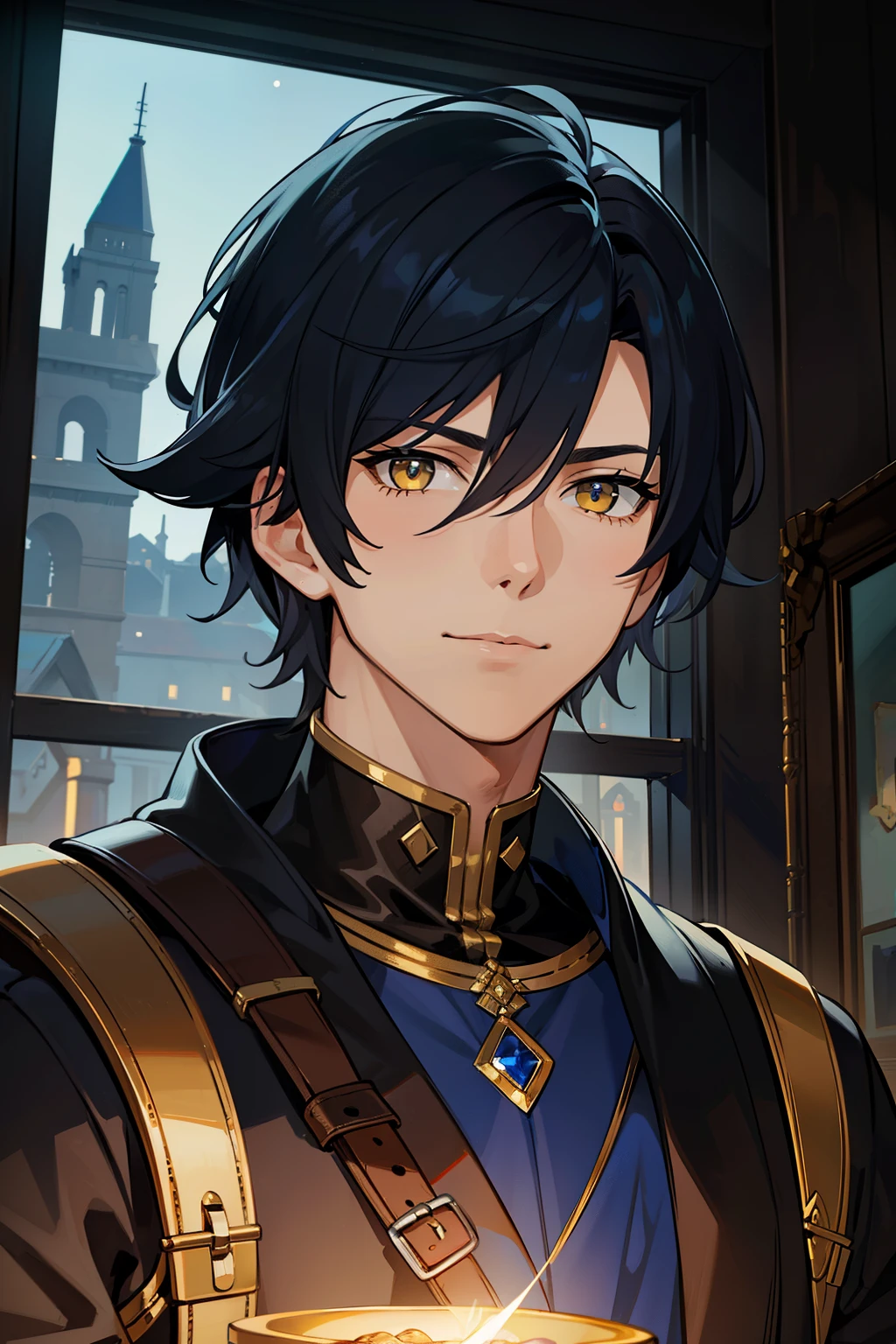 (high-quality, breathtaking),(expressive eyes, perfect face) portrait, 1male, male, solo, adult man, age late 20's, black hair, yellow golden eye color, short hair length, soft wavy hair, spiky hair, gentle smile, side bangs, looking at viewer, portrait, happy expression, fantasy clothing, blacksmith, blacksmith clothing, blacksmith profession, elegant, mature, height 5"6, blue lighting in hair, blue trim
