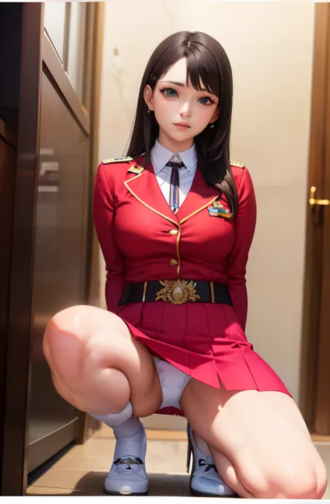 1girl in, sayla mass, Elegant, masutepiece, Convoluted, Army pink uniform dress with a super miniskirt so short you can almost see your pants........、Pure white panties、Please squat down and show me your white panties........、Super miniskirt You can see th...
