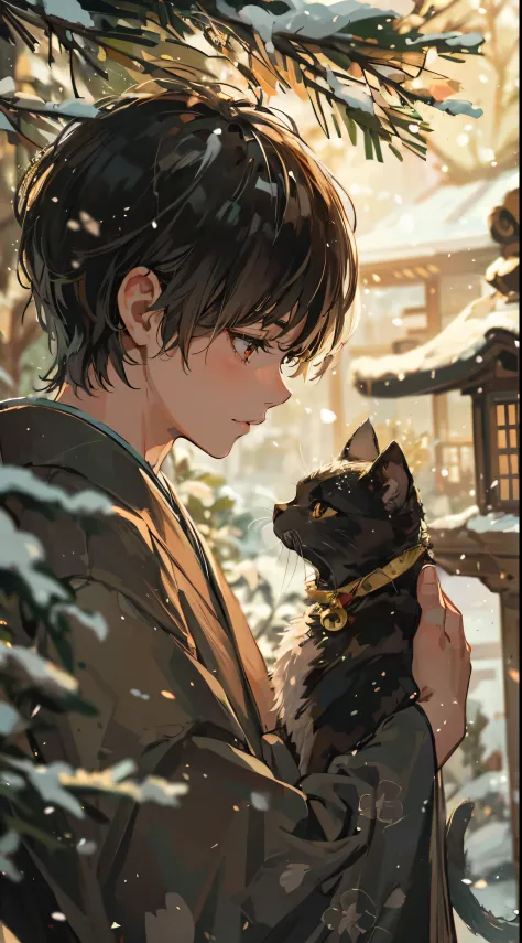 Handsome young man celebrating new year in traditional Japanese atmosphere. The moment just before picking up a black cat and ki...