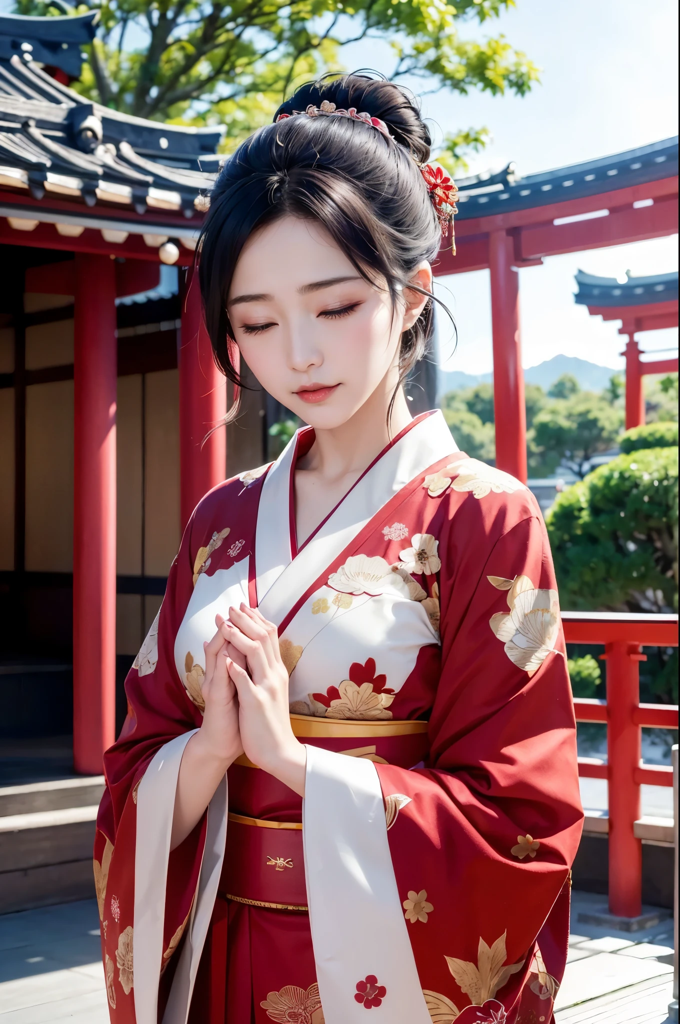 (New Year's scenery of Japan), (SFW), 8K, ((masutepiece)),(((top-quality))),((Ultra-detailed)),((((Realistic)))), Photorealsitic:1.37, (A hyper-realistic), (illustratio), (hight resolution), (ighly detailed), (The best illustrations), (Ultra-detailed細), (walls), (详细的脸), (Beautiful expression), ((詳細 top-qualityのスキン:1.2)), ((Reddish blush)), (Ultra-detailed細な背景, Detailed background), (Beautiful and aesthetic: 1.2), Extremely detailed, Woman in kimono:1.5, ((Eyes closed)), ((Place your palms together in front of your face)), A woman standing with her bare skin wearing a kimono, (Kimono with embroidery decoration), ((cute kimono)), ((Girl&#39;s hair roll-up hair with hairpin)), Kadomatsu, Komainu, Red torii gate, big company, customers who pray, gorgeous new year decorations, 金箔装飾されたbig company, At a shrine that shines in the morning sun