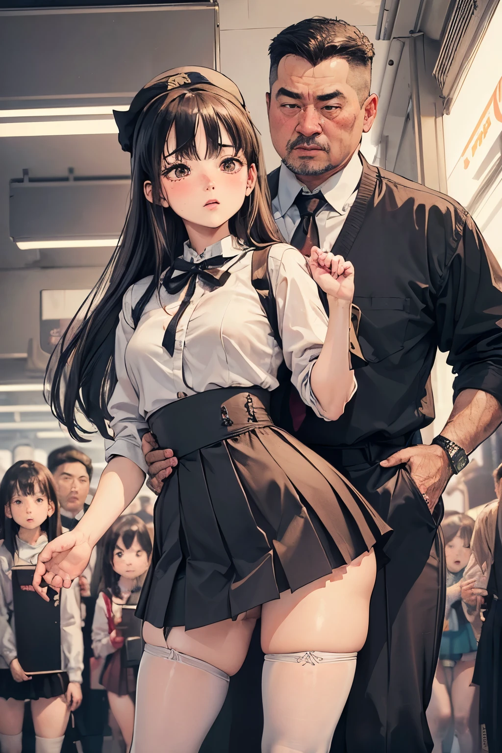 (SFW), ((photorealistic)), (masterpiece), (best quality:1.3), absurdness, [:intricate details1.3], SFW, realistic, masterpiece, (VERY crowded subway train interior detailed scenario, VERY crowded subway train interior detailed background), standing insanely hot (young small girl1) using sexy ((skirt)), ((behind skirt lifted)), ((3/4 white stockings, big ass)), ((thick thighs)), (fear expression), (blushed face), (perfect body proportions)), old small man ass groping young small girl 1 from behind, (((old small man pressing his chest on young woman 1 back))) and (((holding her waist behind her)))