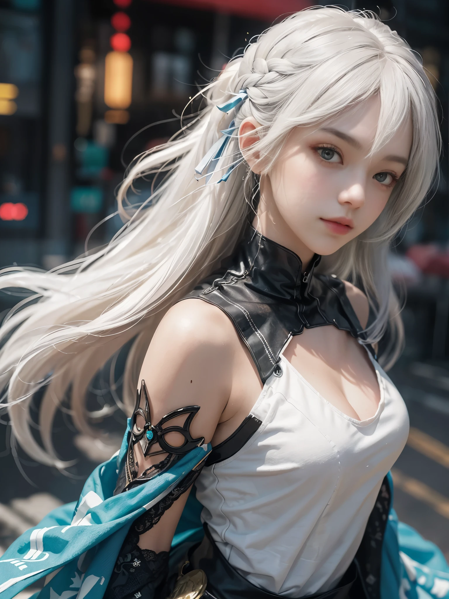 A woman with long white hair and a blue jacket - SeaArt AI