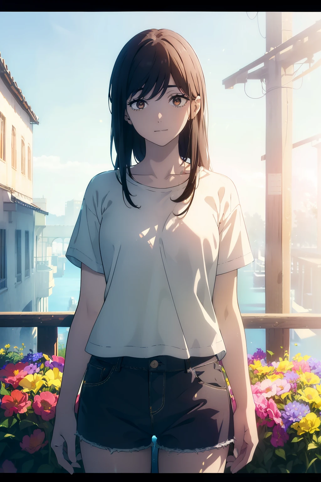 ((((Obra maestra, La mejor calidad, ultrahigh resolution)))), 1girl, standing, (baggy white t-shirt, loose fitting blue shorts, back hair, dark black hair over eye)), long hair cut, pale skin, ((brown eyes)), glowing_eyes, neon eyes, (ultra detailed eyes:0.7, beautiful and detailed face, detailed eyes:0.9), ((centered)), smile, ((wide shot)), facing viewer, (((vibrant background of outside, flowers, bright lighting, summer, sunlight))), flat chested, ((looking at viewer)), ((half closed eyes)), ((perfect hands)), ((head:1, hips, elbows, arms, in view)), (hands behind back), empty eyes, beautiful lighting, defined subject, 2, ((cool looking)),