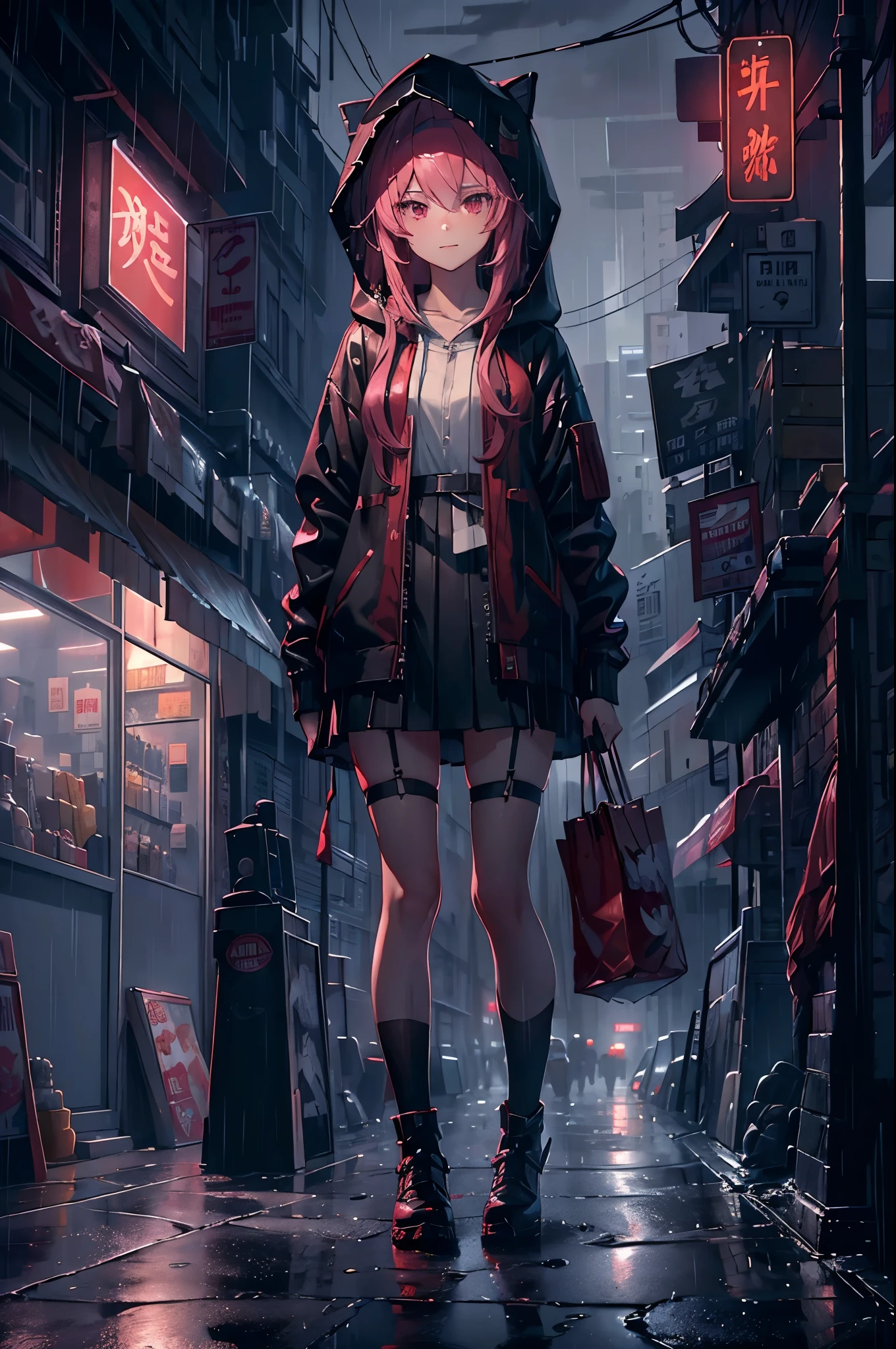 (8K，tmasterpiece，Best quality，hyper-detailing，realistically)，Extremely detailed face，电影灯光，ray traycing，unlit hair， On cloudy streets，Guangming Street，Corner store，stairways，Torrential rain and heavy rain，Girl with long pink hair and black eyes，ssmile，She is wearing a red hooded jacket，Put on a hood，White color blouse，Short black skirt and black garter belt，Martin shoes，Clothes soaked by rain，Black exposure，outdoor depth tent ，