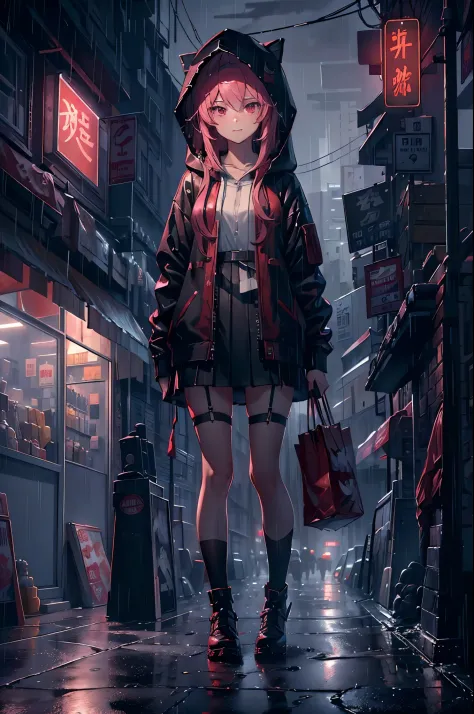 (8K，tmasterpiece，Best quality，hyper-detailing，realistically)，Extremely detailed face，电影灯光，ray traycing，unlit hair， On cloudy streets，Guangming Street，Corner store，stairways，Torrential rain and heavy rain，Girl with long pink hair and black eyes，ssmile，She i...