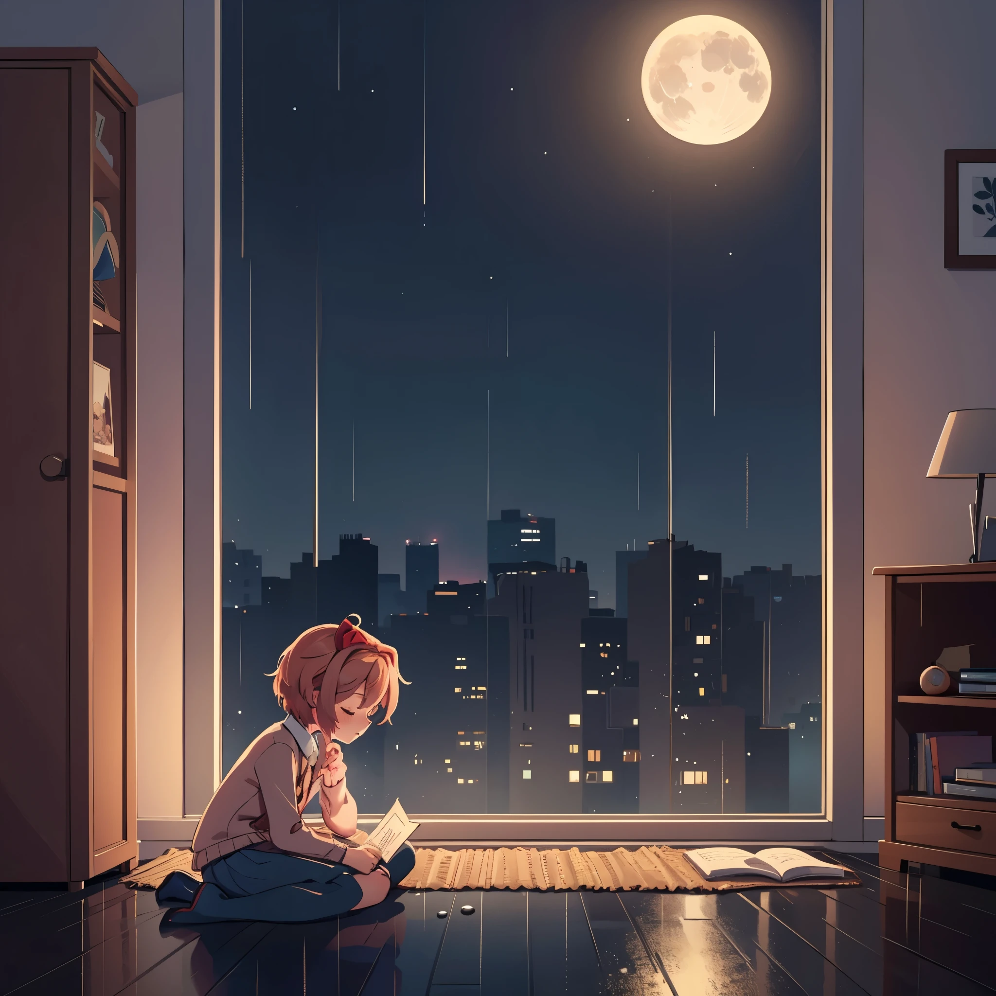 An wide-angle illustration of Sayori from Doki Doki Literature Club on the corner of a living room at night holding a letter, on the ground. Closed eyes with sad face. The living room is dark with moonlight coming from the window, rain drops sliding down the window in a sad moment. Grey color palette.