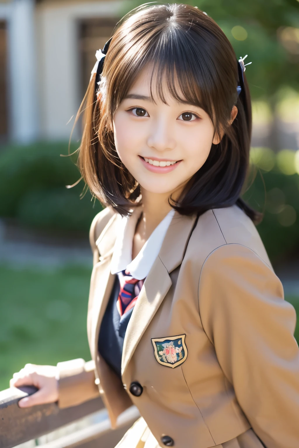 (((​masterpiece))),  (One beautiful Japan girl, classmates, Innocence，kawaii) ，超A high resolution, Realistic, ultra-detailliert, 8K,top-quality, Extremely detailed, Detailed background,A slender,very beautiful japanese girl, Detailed face:1.3), (Boyish short-haired，A dark-haired :1.4), (a baby face，kawaii系,adorable 14 year old girl), (Perfect body:1.1),  (Brown blazer, Light brown pleated mini skirt), Provocative smile,Please show me your beautiful teeth,Super Detailed Face、Detailed lips、A detailed eye、small gravure idol，Transparent skin、Lori，Japanese high school uniform with the school emblem on the chest，Carrying a backpack、Leaning forward，sexy  pose，Focus on the buttocks，facing back、In the classroom，A glimpse of white lace pants is visible.，Looking down from above