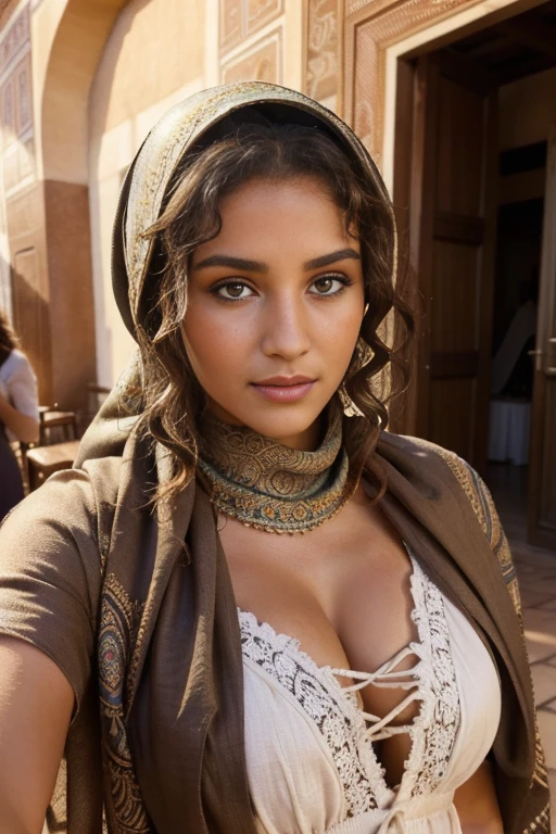 instagram girl, Brunnete, natural makeup, (Traditional respectful covered dress), (very loose head scarf showing curly hair), (Morrocan souk environment), masterpiece, best quality, highly detailed, (Beautiful and detailed eyes beautiful and detailed face), (Best Quality), (ultra-detailed), (masterpiece), (high resolution), (Original), ultra-realistic.