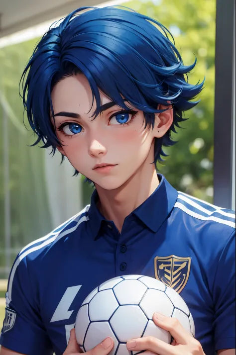 (1boy,masculino),soccer uniform ,blue hair , blue eyes , soccer camp